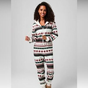 Fabletics Holiday Fairisle Cozy Fleece Hooded Onesie - M